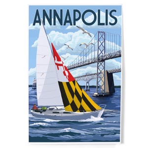 Prints, Annapolis, Maryland, Sloop Sailboat and Chesapeake Bay Bridge, Posters, Hang Ready