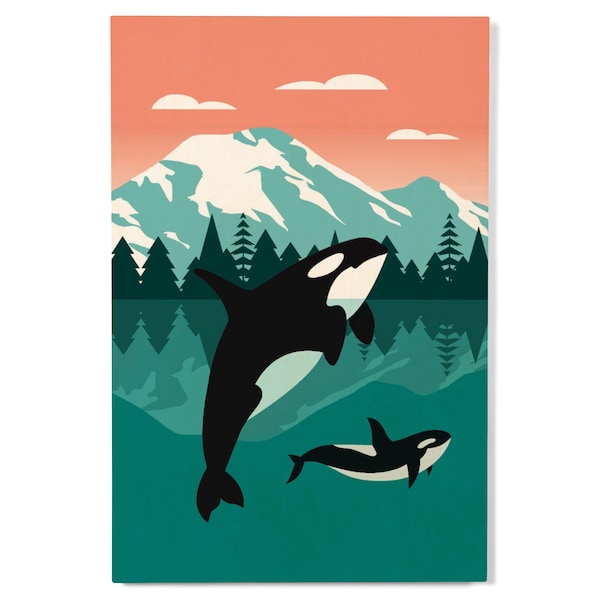 Birch Wood, Orca Whale and Calf, Go Freestyle, Sustainable Sign or Postcards, Ready to Hang Art