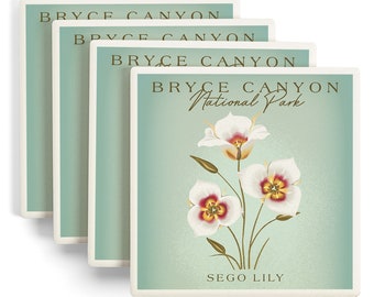 Coaster Set, Bryce Canyon National Park, Vintage Flora Series, Sego Lily, Cork Back, Absorbent Ceramic, Unique Matching Art