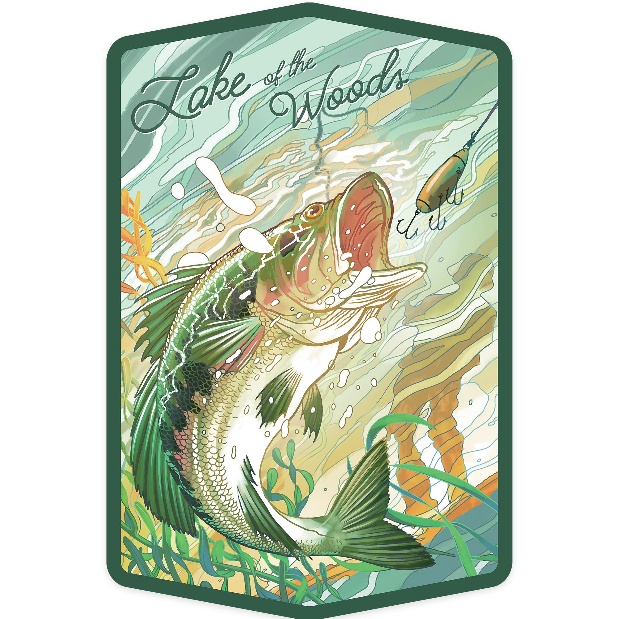 Sticker,  Lake of the Woods, Minnesota, Fish All Day, Bass, Contour , Vinyl Die Cut, Waterproof Outdoor Use