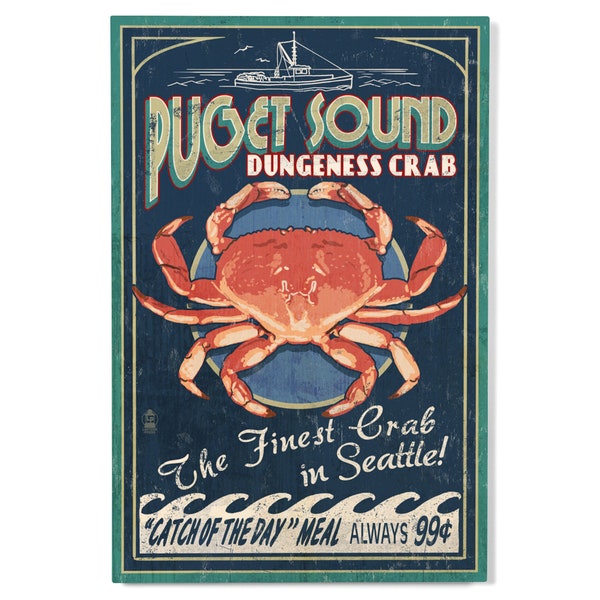 Birch Wood, Puget Sound, Washington, Dungeness Crab Vintage Sign, Sustainable Sign or Postcards, Ready to Hang Art