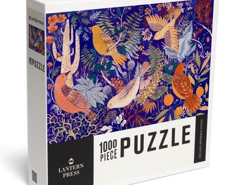 Puzzle, Birds and Blooms of North America, Cobalt, 1000 Pieces, Unique Jigsaw, Family, Adults