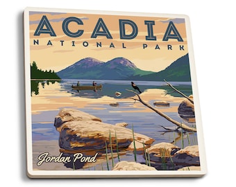 Coaster Set, Acadia National Park, Maine, Jordan Pond Illustration, Lantern Press Artwork, Cork Back, Absorbent Ceramic, Unique Matching Art