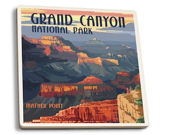 Coaster Set, Grand Canyon National Park, Arizona, Mather Point, Lantern Press Artwork, Cork Back, Absorbent Ceramic, Unique Matching Art