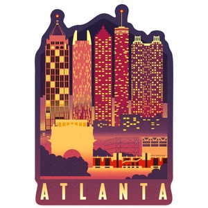 Sticker, Atlanta, Georgia, Neon Skyline, Contour, Lantern Press Artwork, Vinyl Die Cut Decal, Waterproof Outdoor Use