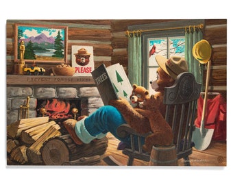 Birch Wood, Smokey Bear, Reading Book to Cubs, Officially Licensed Vintage Poster, Sustainable Sign or Postcards, Ready to Hang Art