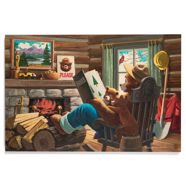 Birch Wood, Smokey Bear, Reading Book to Cubs, Officially Licensed Vintage Poster, Sustainable Sign or Postcards, Ready to Hang Art