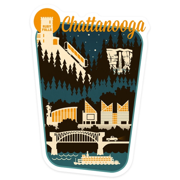 Sticker, Chattanooga, Tennessee, Retro Skyline, Contour, Lantern Press Artwork, Vinyl Die Cut Decal, Waterproof Outdoor Use