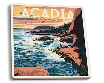 Coaster Set, Acadia National Park, Maine, Mount Desert Island Illustration, Lantern Press, Cork Back, Absorbent Ceramic, Unique Matching Art
