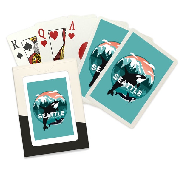 Playing Cards, Seattle, Washington, Orca Whale and Calf, Vector, Contour, Lantern Press Artwork, 52 Card Deck with Jokers in Box, Unique Art