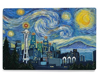 Metal Signs, Seattle, Washington, Starry Night City Series, Unique Metal Art, Hang Ready