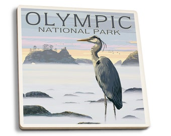 Coaster Set, Olympic National Park, Heron and Fog Shoreline, Lantern Press Artwork, Cork Back, Absorbent Ceramic, Unique Matching Art