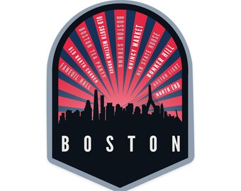 Sticker, Boston, Massachusetts, Skyline & rays, Contour, Lantern Press Artwork, Vinyl Die Cut Decal, Waterproof Outdoor Use