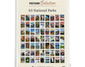 Postales, colección de parques nacionales: Bryce Canyon, Theodore Roosevelt, Kenai Fjords, 63 postales originales ilustradas de 4x6 pulgadas, Lantern Press.