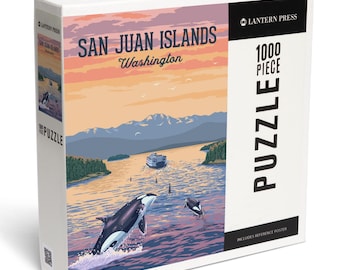 Puzzle, San Juan Islands, Washington, Painterly, Orca and Ferry Sunset Scene, 1000 Pieces, Unique Jigsaw, Family, Adults