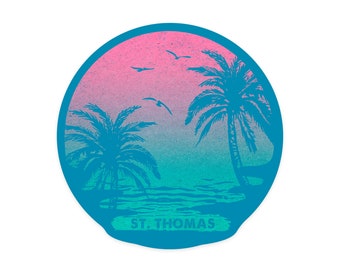 Sticker,  St Thomas, Sunset and Palm Trees, Contour , Vinyl Die Cut, Waterproof Outdoor Use