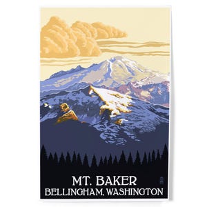 Impresiones, letreros, Bellingham, Washington, Monte Baker con nubes amarillas, obra de Lantern Press, arte metálico único, pósteres, listos para colgar