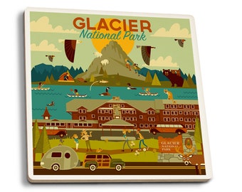 Coaster Set, Glacier National Park, Montana, Geometric National Park Series, Cork Back, Absorbent Ceramic, Unique Matching Art