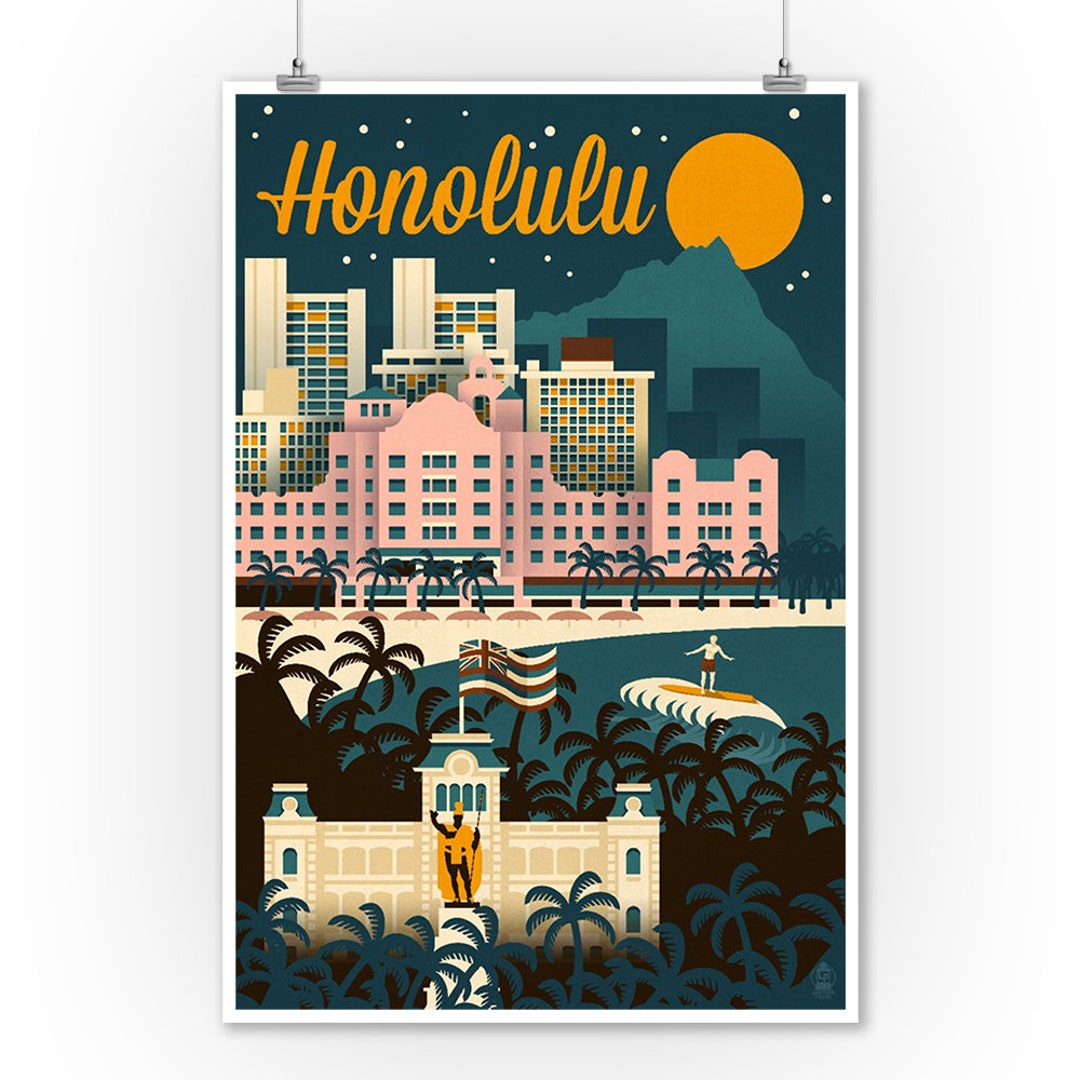 Prints Signs Honolulu Hawaii Retro Skyline Unique Metal Etsy