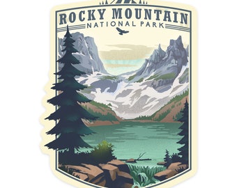 Sticker, Rocky Mountain National Park, Colorado, Lake, Lithograph, Lantern Press Artwork, Vinyl Die Cut Decal, Waterproof Outdoor Use