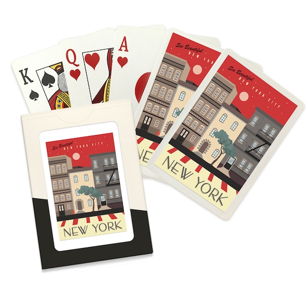 Playing Cards, New York City, New York, Brownstones, Street Vector, 52 Card Deck with Jokers in Box, Unique Art