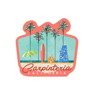 Sticker,  Carpinteria, California, Tall Palms Beach Scene, Blue Lifeguard Chair, , Vinyl Die Cut, Waterproof Outdoor Use