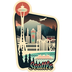 Sticker,  Seattle, Washington, Seattle Retro Skyline, Aqua and Salmon, Contour_ST , Vinyl Die Cut, Waterproof Outdoor Use
