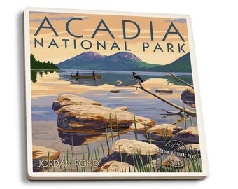 Coaster Set, Acadia National Park, Maine, Celebrate 100 Years, Jordan Pond, Lantern Press, Cork Back, Absorbent Ceramic, Unique Matching Art