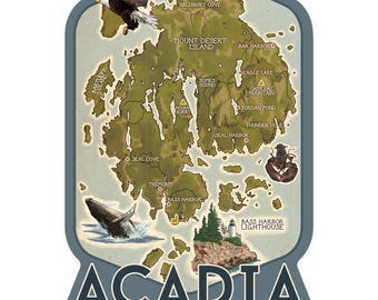 Sticker,  Acadia National Park, Maine, Map with Icons, , Vinyl Die Cut, Waterproof Outdoor Use
