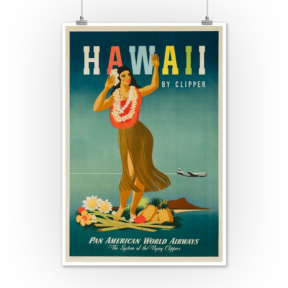 Hawaii Hula Skirt Pan American Airlines Vintage Art Travel Poster Print Giclee