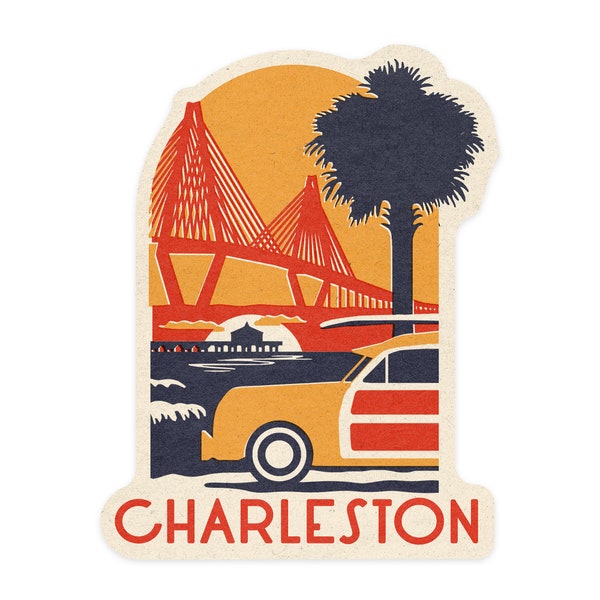 Sticker, Charleston, South Carolina, Ravenel Bridge, Woodblock, Contour, Lantern Press Artwork, Vinyl Die Cut Decal, Waterproof Outdoor Use