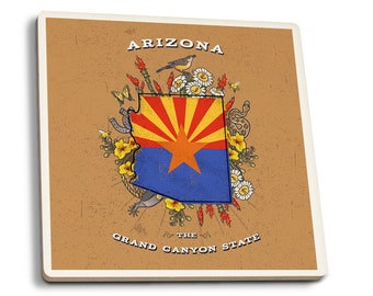 Coaster Set, Arizona, Treasure Trove, State Series, Cork Back, Absorbent Ceramic, Unique Matching Art