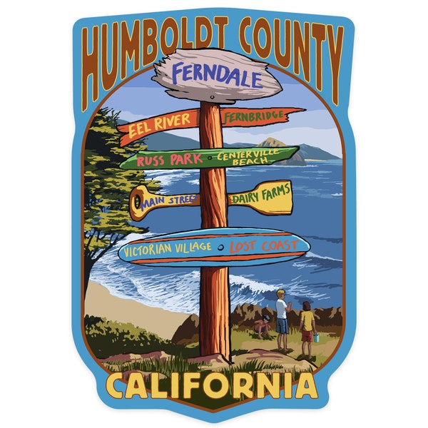 Sticker, Ferndale, California, Humboldt County, Destination Signpost, Lantern Press Artwork, Vinyl Die Cut Decal, Waterproof Outdoor Use