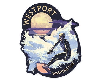 Sticker, Westport, Washington, Night Surfer, Contour, Lantern Press Artwork, Vinyl Die Cut Decal, Waterproof Outdoor Use