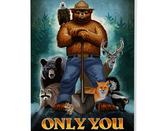 Birch Wood, Smokey Bear, Only You Can Prevent Wildfires, Officially Licensed, Sustainable Sign or Postcards, Ready to Hang Art