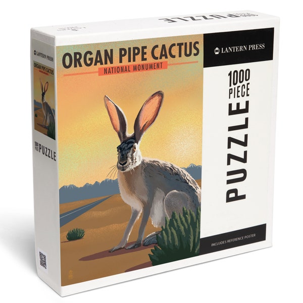 Puzzle, Organ Pipe Cactus National Monument, Arizona, Jackrabbit, Lithograph, 1000 Pieces, Unique Jigsaw, Family, Adults