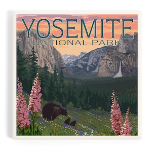 May include: A vintage-style illustration of Yosemite National Park with a sunset sky, mountains, a waterfall, and a family of bears in a meadow with pink wildflowers.