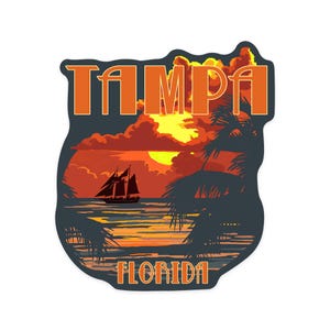 Sticker,  Tampa, Florida, Sunset and Ship, , Vinyl Die Cut, Waterproof Outdoor Use