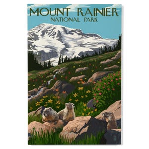 Birch Wood, Mount Rainier National Park, Washington, Meadow and Marmots, Sustainable Sign or Postcards, Ready to Hang Art