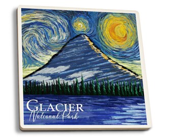 Coaster Set, Glacier National Park, Montana, Bearhat Peak and Hidden Lake, Starry Night, Cork Back, Absorbent Ceramic, Unique Matching Art