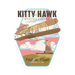 Sticker, Kitty Hawk, North Carolina, First in Flight, Contour, Lantern Press Artwork, Vinyl Die Cut Decal, Waterproof Outdoor Use