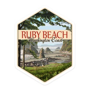 May include: A hexagonal sticker with a scenic view of Ruby Beach on the Washington Coast. The sticker features a green forest in the foreground, a sandy beach with rock formations, and a blue sky with white clouds. The text "RUBY BEACH Washington Coast" is printed in red and white on a beige background.