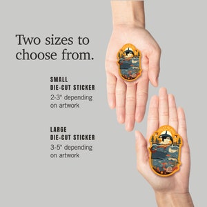 May include: Two sizes of die-cut stickers featuring an illustration of Orcas Island. The smaller sticker is 2-3 inches and the larger sticker is 3-5 inches.