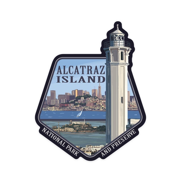 Sticker, San Francisco, CA, Alcatraz Island and City, Contour, Lantern Press Artwork, Vinyl Die Cut Decal, Waterproof Outdoor Use