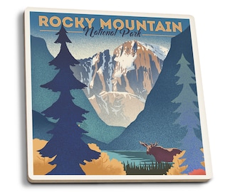 Coaster Set, Rocky Mountain National Park, Colorado, Moose, Lake, Lantern Press, Cork Back, Absorbent Ceramic, Unique Matching Art