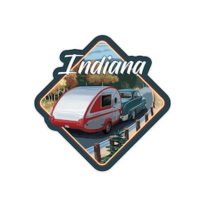 Sticker,  Indiana, Retro Camper on Road, , Vinyl Die Cut, Waterproof Outdoor Use