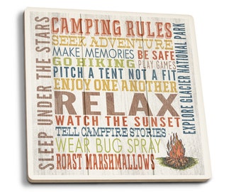 Coaster Set, Explore Glacier National Park, Montana, Camping Rules, Rustic, Cork Back, Absorbent Ceramic, Unique Matching Art