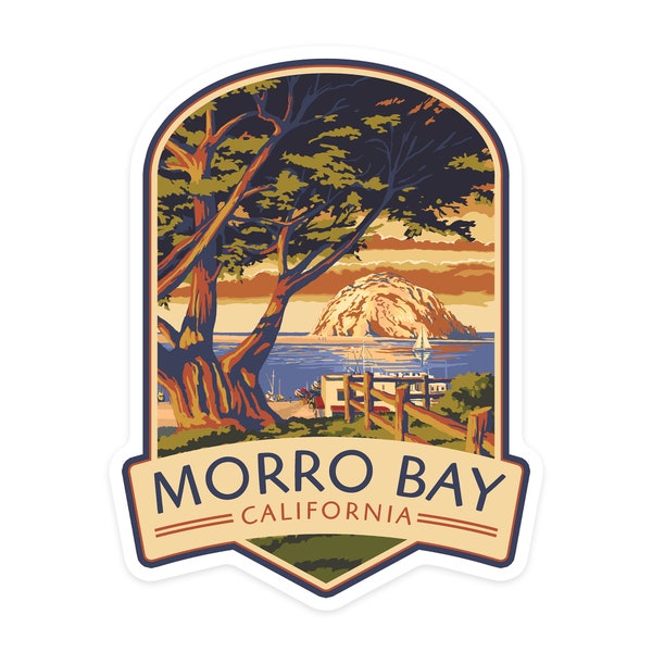 Sticker, Morro Bay, California, Town View with Morro Rock, Contour, Lantern Press Artwork, Vinyl Die Cut Decal, Waterproof Outdoor Use