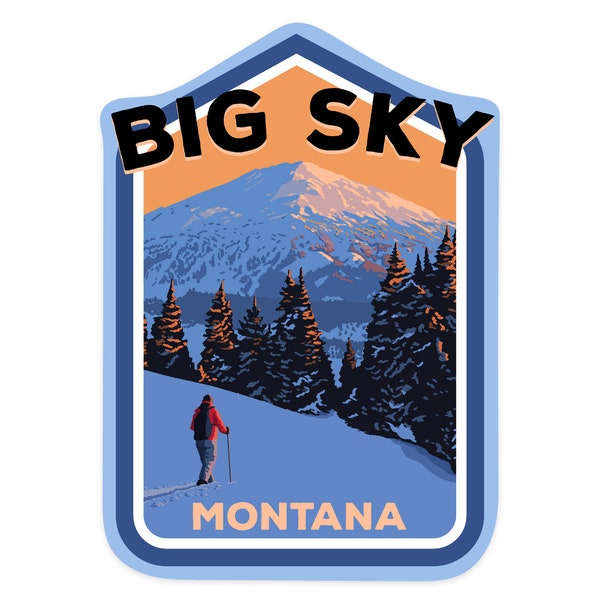 Sticker,  Big Sky, Montana, Mt. Bachelor and Skier, Contour , Vinyl Die Cut, Waterproof Outdoor Use