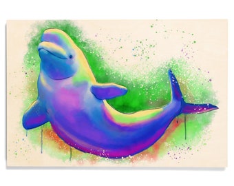 Birch Wood, Beluga Whale, Vivid Colors, Sustainable Sign or Postcards, Ready to Hang Art